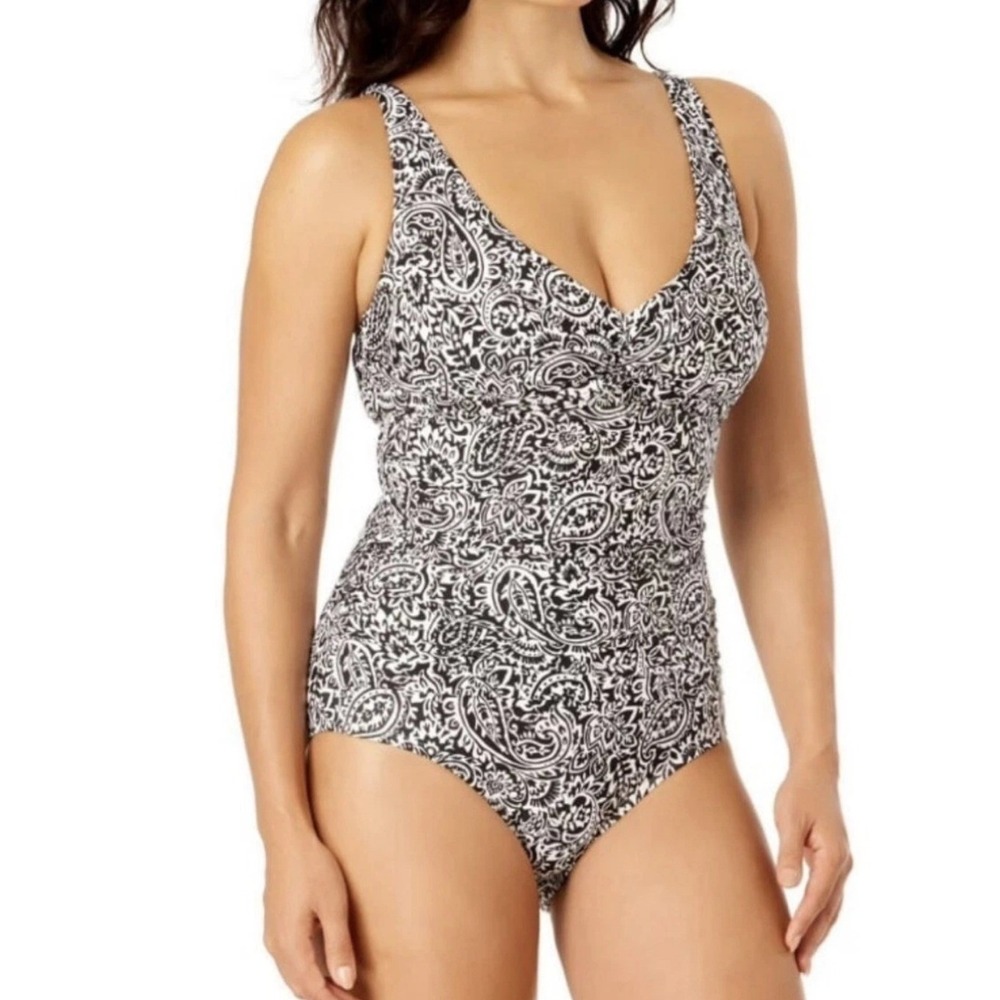 Lands End Womens XXL One Piece Swimsuit Black White Paisley V-Neck Ruched New